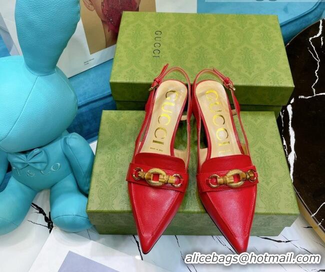 Best Luxury Gucci Lambskin Slingback Pump with Bamboo Horsebit 081038 Red 2021