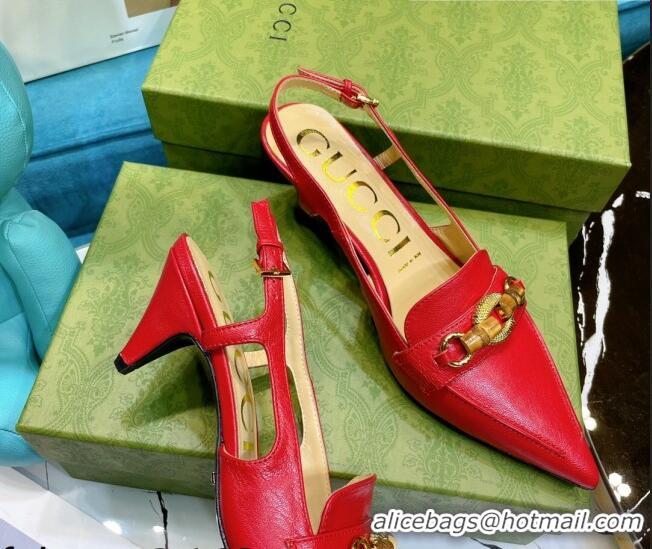 Best Luxury Gucci Lambskin Slingback Pump with Bamboo Horsebit 081038 Red 2021