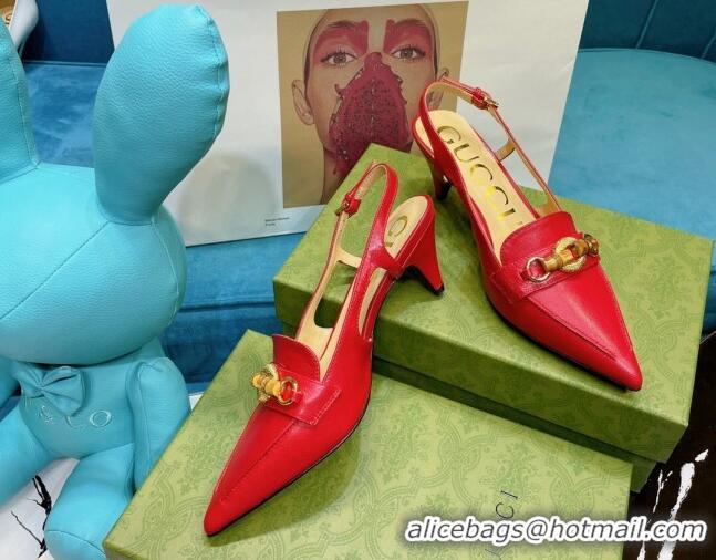 Best Luxury Gucci Lambskin Slingback Pump with Bamboo Horsebit 081038 Red 2021