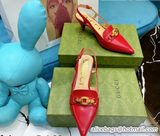 Best Luxury Gucci Lambskin Slingback Pump with Bamboo Horsebit 081038 Red 2021