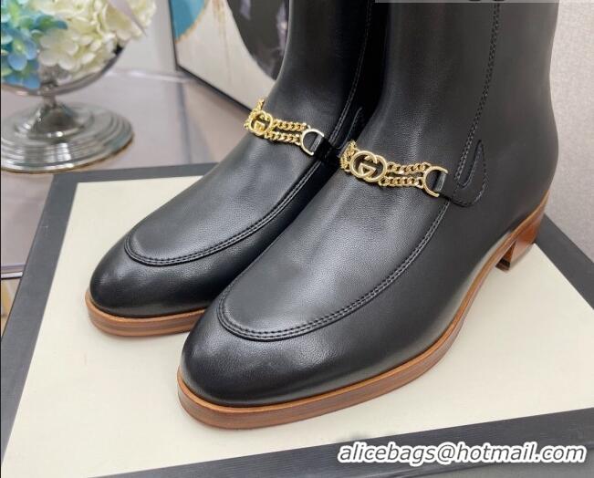 Best Price Gucci Lambskin GG Chain Charm Ankle Boots 081056 Black 2021