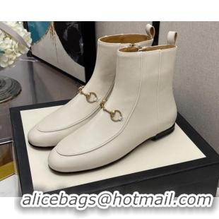 Luxury Cheap Gucci Lambskin Horsebit Flat Ankle Boots 081058 White 2021