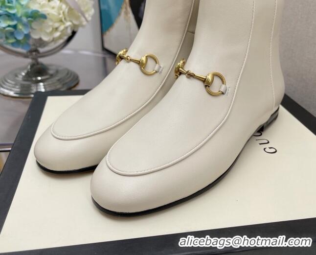 Luxury Cheap Gucci Lambskin Horsebit Flat Ankle Boots 081058 White 2021