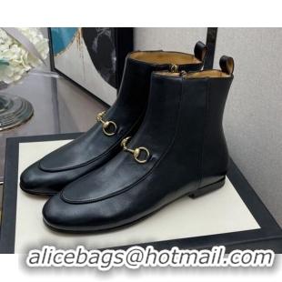 Good Taste Gucci Lambskin Horsebit Flat Ankle Boots 081058 Black 2021