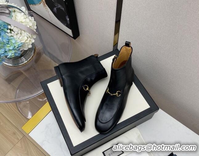 Good Taste Gucci Lambskin Horsebit Flat Ankle Boots 081058 Black 2021