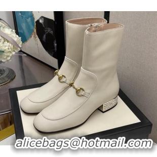 Top Grade Gucci Calfskin Crystal Heel Ankle Boots 3cm 081060 White 2021