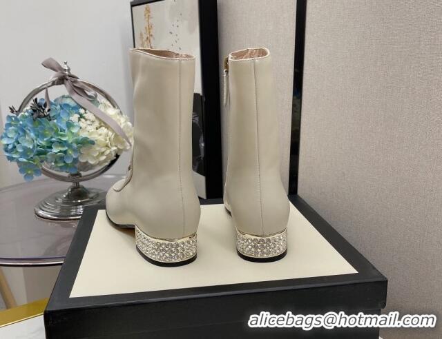 Top Grade Gucci Calfskin Crystal Heel Ankle Boots 3cm 081060 White 2021