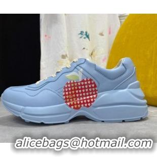 Top Quality Gucci Rhyton Sneakers in Heart Apple Print Calfskin 081301 Blue 2021