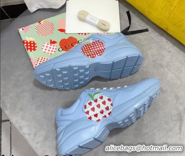 Top Quality Gucci Rhyton Sneakers in Heart Apple Print Calfskin 081301 Blue 2021