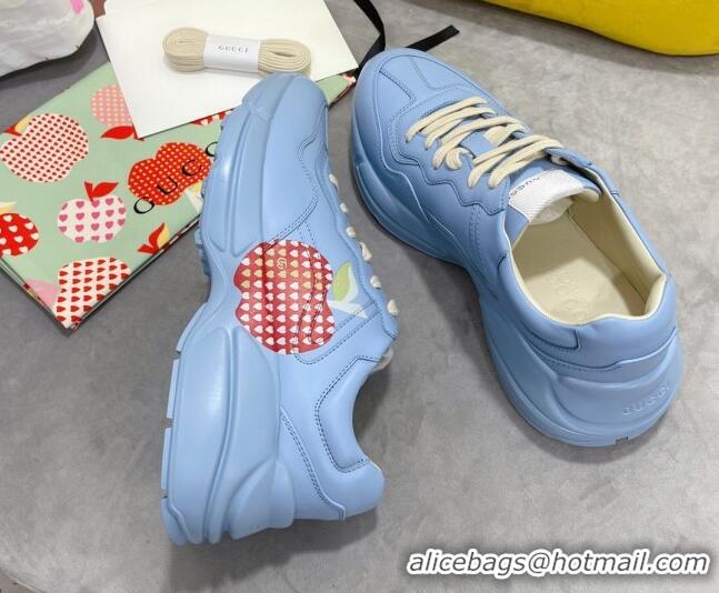 Top Quality Gucci Rhyton Sneakers in Heart Apple Print Calfskin 081301 Blue 2021