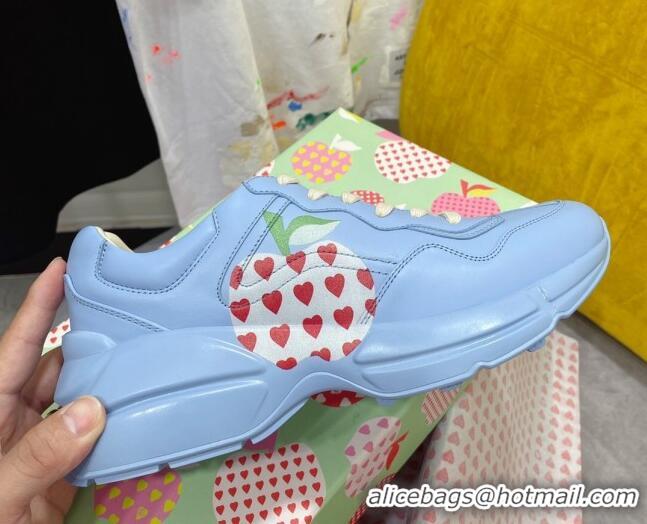 Top Quality Gucci Rhyton Sneakers in Heart Apple Print Calfskin 081301 Blue 2021