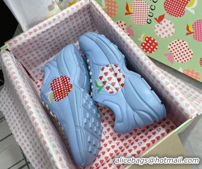 Top Quality Gucci Rhyton Sneakers in Heart Apple Print Calfskin 081301 Blue 2021