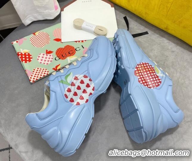 Top Quality Gucci Rhyton Sneakers in Heart Apple Print Calfskin 081301 Blue 2021