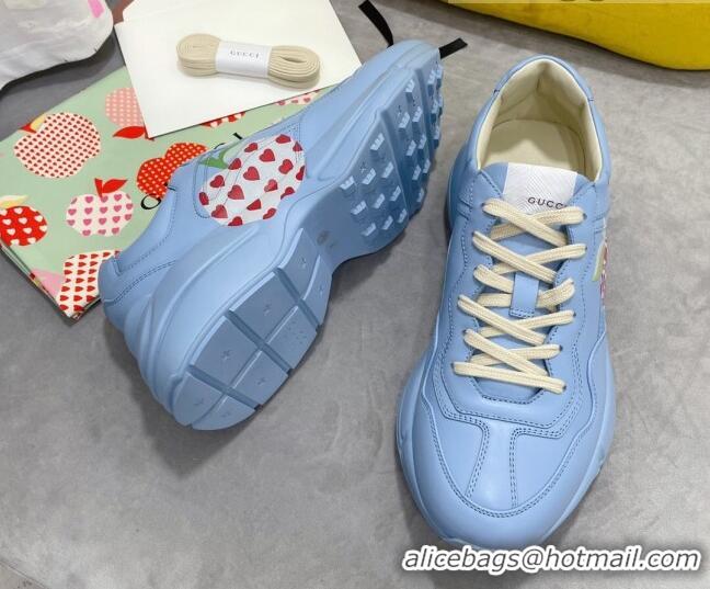 Top Quality Gucci Rhyton Sneakers in Heart Apple Print Calfskin 081301 Blue 2021