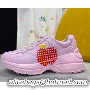 Super Quality Gucci Rhyton Sneakers in Heart Apple Print Calfskin 081301 Pink 2021