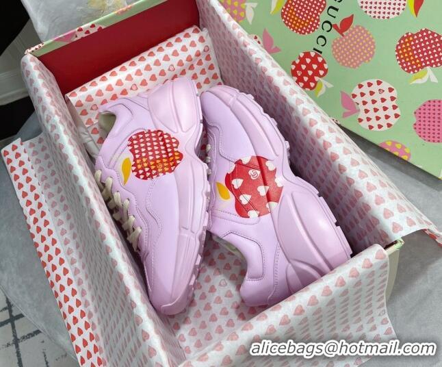 Super Quality Gucci Rhyton Sneakers in Heart Apple Print Calfskin 081301 Pink 2021