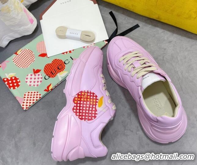 Super Quality Gucci Rhyton Sneakers in Heart Apple Print Calfskin 081301 Pink 2021