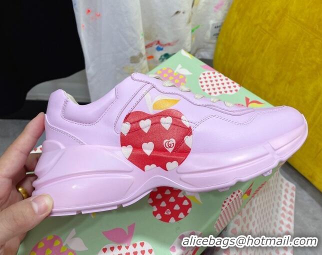 Super Quality Gucci Rhyton Sneakers in Heart Apple Print Calfskin 081301 Pink 2021