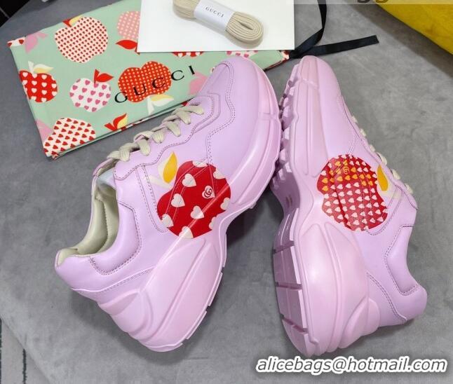 Super Quality Gucci Rhyton Sneakers in Heart Apple Print Calfskin 081301 Pink 2021