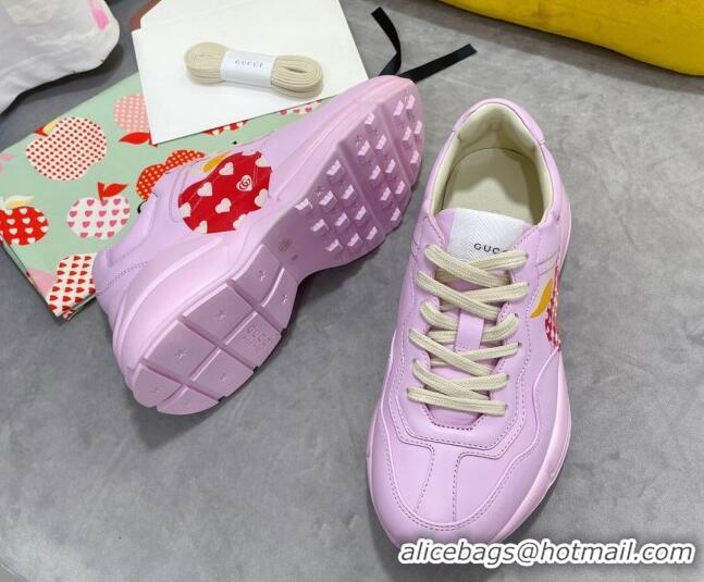 Super Quality Gucci Rhyton Sneakers in Heart Apple Print Calfskin 081301 Pink 2021