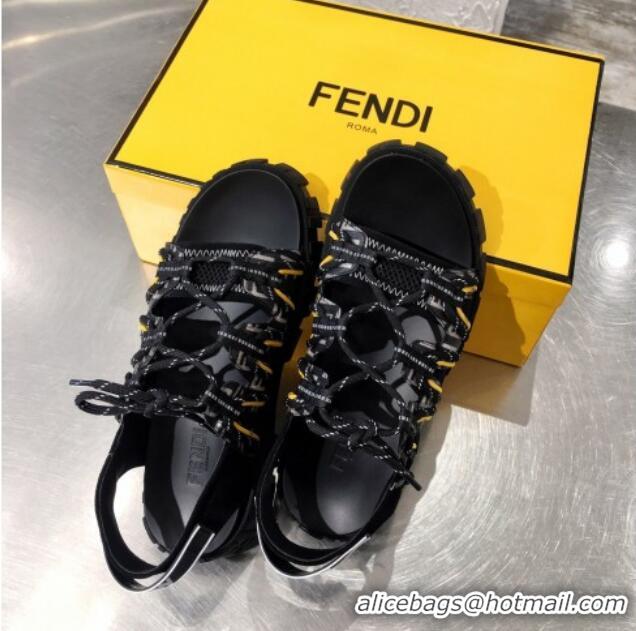 Cute Fendi Patchwork Lace Up Flat Sandals 042777 Black 2021