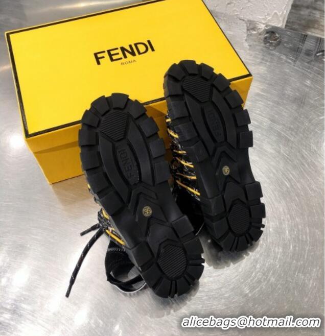 Cute Fendi Patchwork Lace Up Flat Sandals 042777 Black 2021