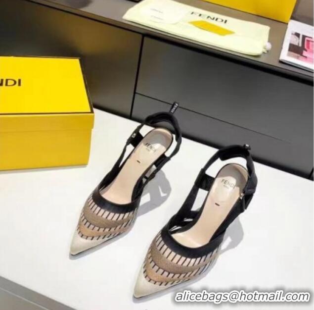 Best Quality Fendi Colibri Striped Mesh Slingback Pumps 8cm 070618 Black 2021