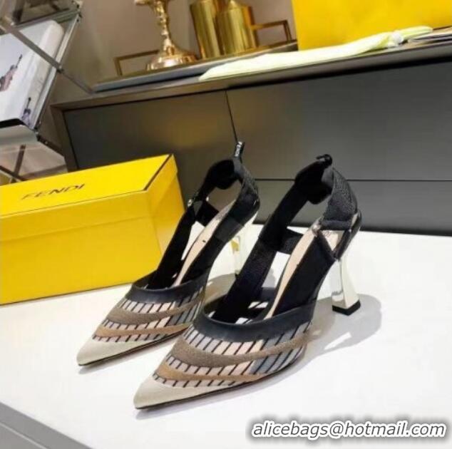 Best Quality Fendi Colibri Striped Mesh Slingback Pumps 8cm 070618 Black 2021