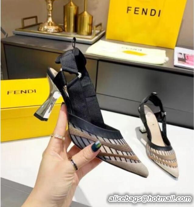 Best Quality Fendi Colibri Striped Mesh Slingback Pumps 8cm 070618 Black 2021