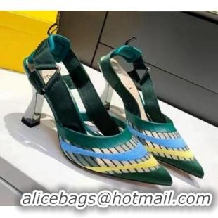 Grade Design Fendi Colibri Striped Mesh Slingback Pumps 8cm 070619 Green 2021