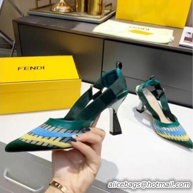 Grade Design Fendi Colibri Striped Mesh Slingback Pumps 8cm 070619 Green 2021