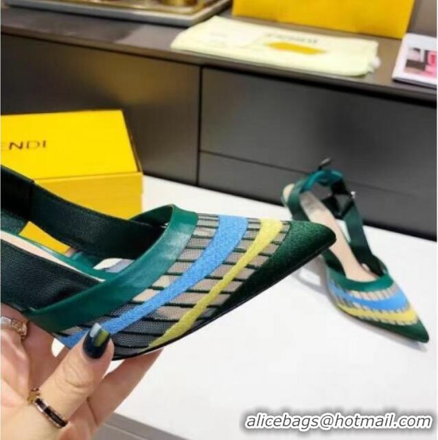 Grade Design Fendi Colibri Striped Mesh Slingback Pumps 8cm 070619 Green 2021