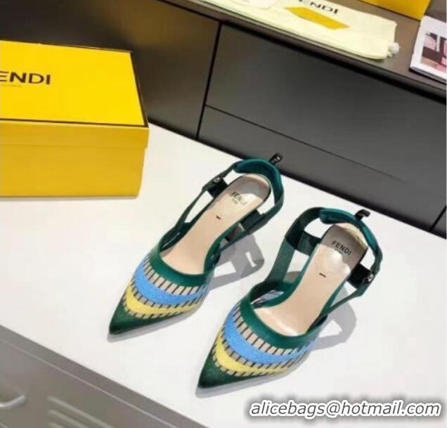 Grade Design Fendi Colibri Striped Mesh Slingback Pumps 8cm 070619 Green 2021