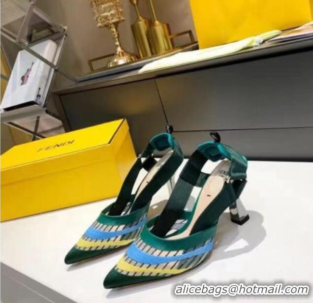 Grade Design Fendi Colibri Striped Mesh Slingback Pumps 8cm 070619 Green 2021