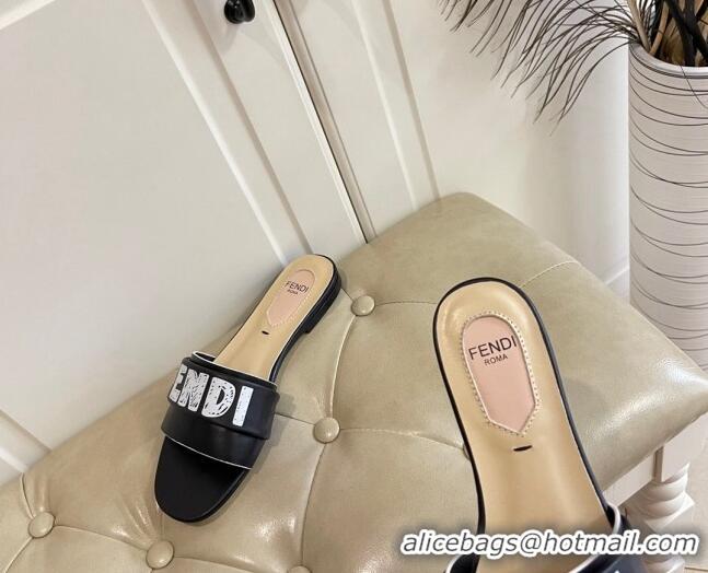 Top Quality Fendi Lambskin Logo Print Flat Slide Sandals 070813 Black 2021