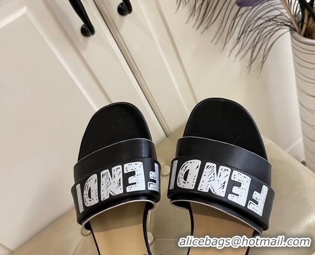 Top Quality Fendi Lambskin Logo Print Flat Slide Sandals 070813 Black 2021