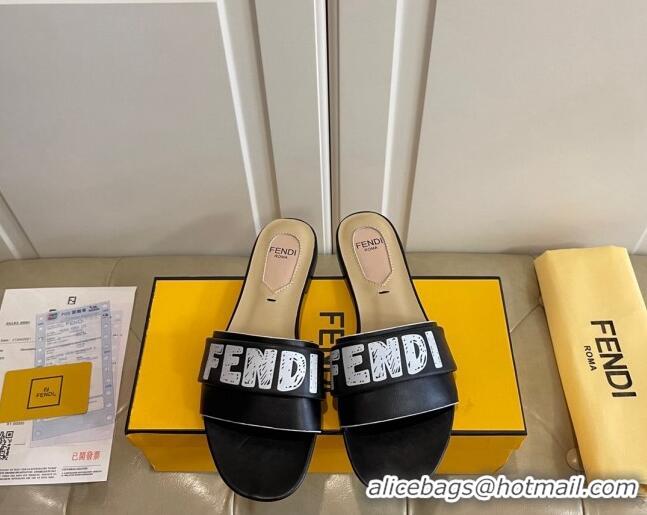 Top Quality Fendi Lambskin Logo Print Flat Slide Sandals 070813 Black 2021