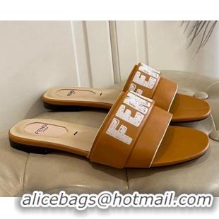 Popular Fendi Lambskin Logo Print Flat Slide Sandals 070813 Brown 2021