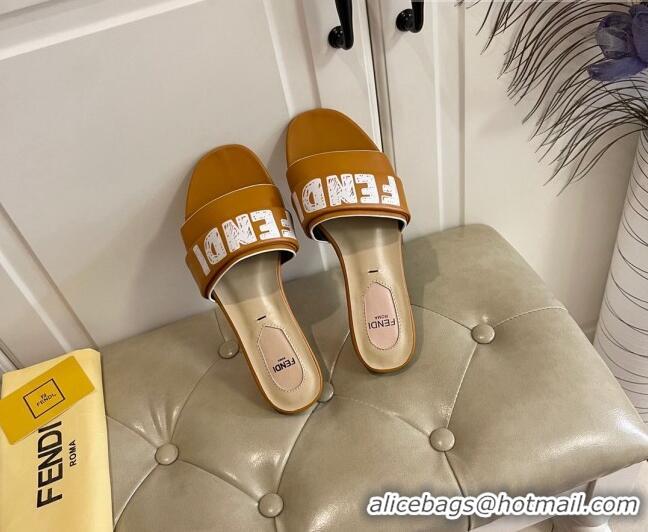 Popular Fendi Lambskin Logo Print Flat Slide Sandals 070813 Brown 2021