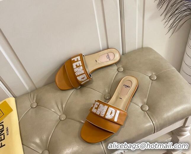 Popular Fendi Lambskin Logo Print Flat Slide Sandals 070813 Brown 2021