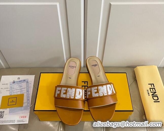 Popular Fendi Lambskin Logo Print Flat Slide Sandals 070813 Brown 2021