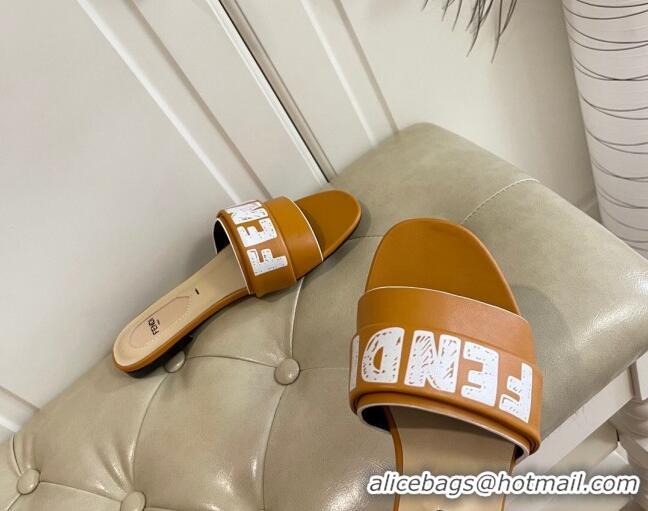 Popular Fendi Lambskin Logo Print Flat Slide Sandals 070813 Brown 2021