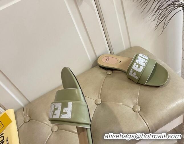 Fashion Fendi Lambskin Logo Print Flat Slide Sandals 070813 Green 2021