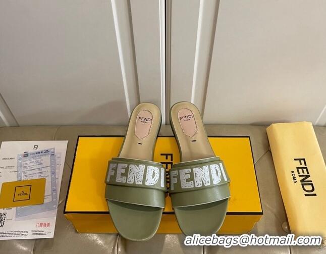 Fashion Fendi Lambskin Logo Print Flat Slide Sandals 070813 Green 2021