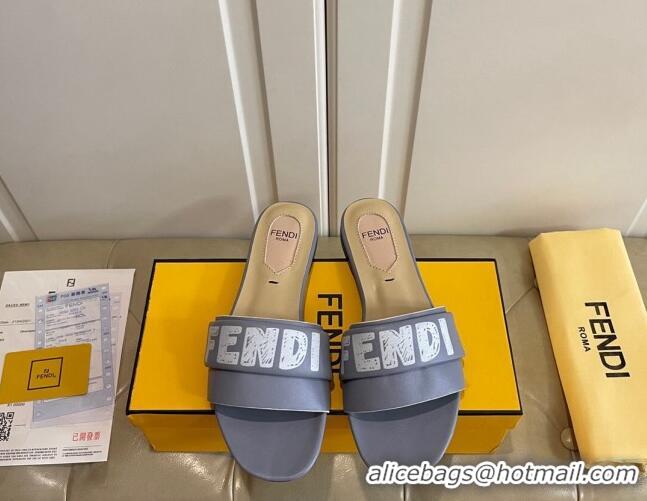 Best Luxury Fendi Lambskin Logo Print Flat Slide Sandals 070813 Grey 2021