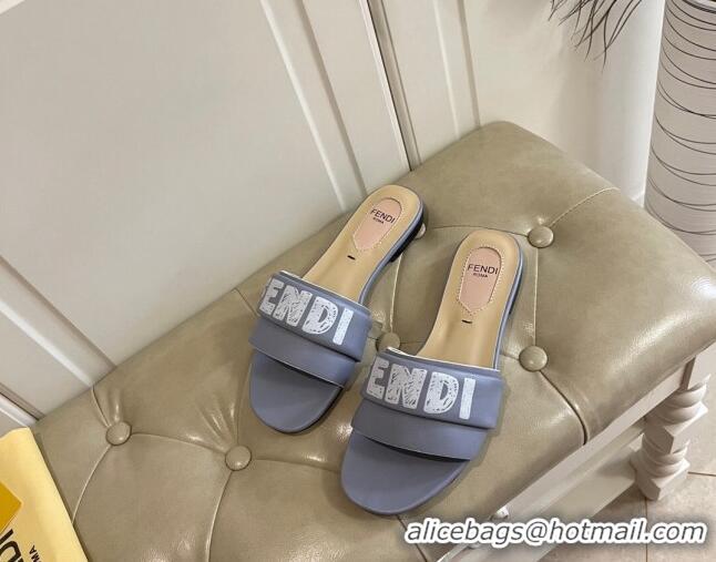 Best Luxury Fendi Lambskin Logo Print Flat Slide Sandals 070813 Grey 2021