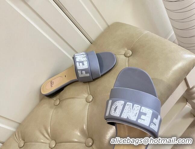 Best Luxury Fendi Lambskin Logo Print Flat Slide Sandals 070813 Grey 2021