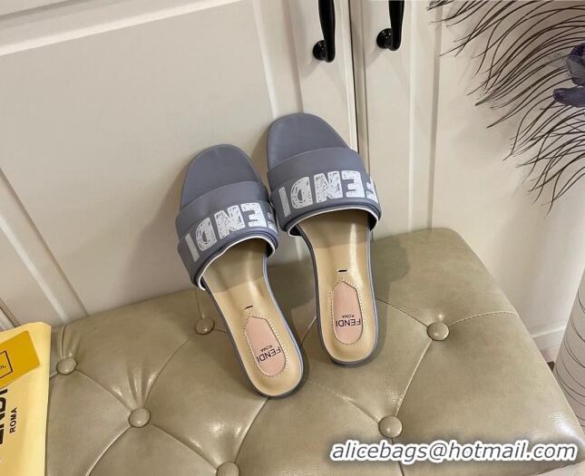 Best Luxury Fendi Lambskin Logo Print Flat Slide Sandals 070813 Grey 2021