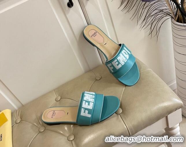 Trendy Design Fendi Lambskin Logo Print Flat Slide Sandals 070813 Blue 2021