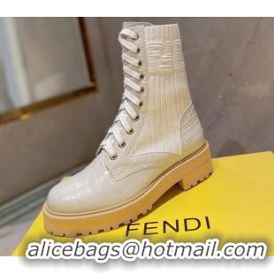 Good Product Fendi Rockoko Stone Embossed Calfskin and Knit Ankle Boots 081243 White 2021